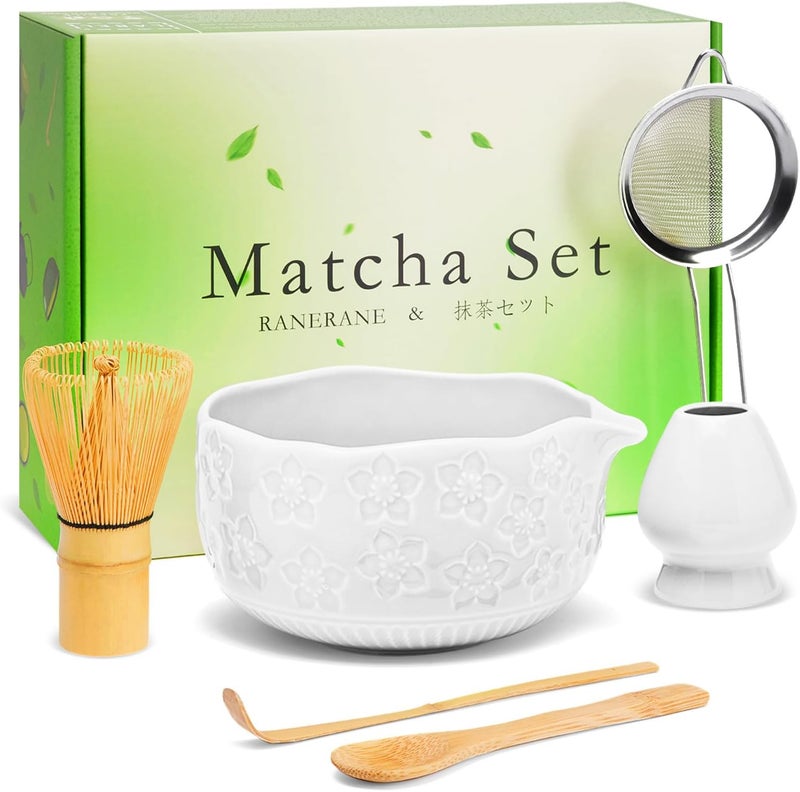 RANERANE Matcha Whisk Set, Sakura White Ceramic Matcha Set Includes Matcha Bowl, Matcha Whisk (Chasen) and Holder, Sifter, Bamboo Scoop & Spoon - 6 Pcs Matcha Kit for Matcha Lovers - Image 1